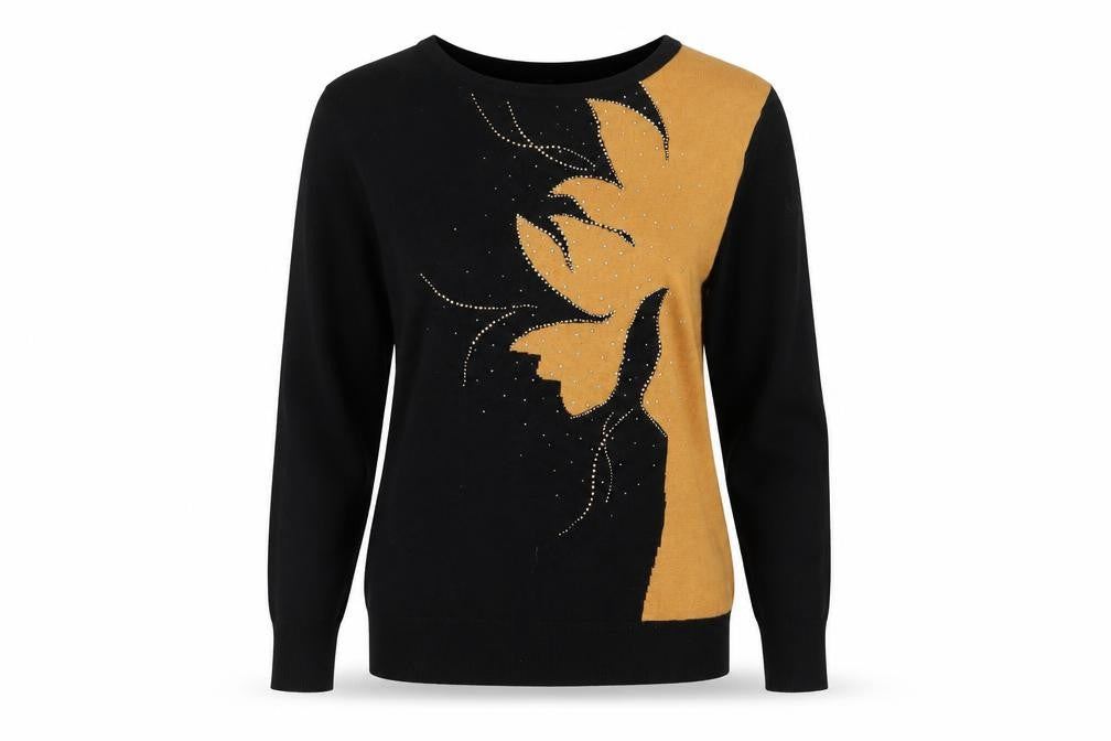 Front view of Klass women’s black gold beaded jumper, size L, crew neck