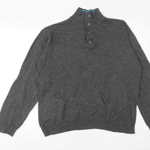 Charles Wilson Men’s Grey High Neck Button Henley Jumper XL Cotton Knit