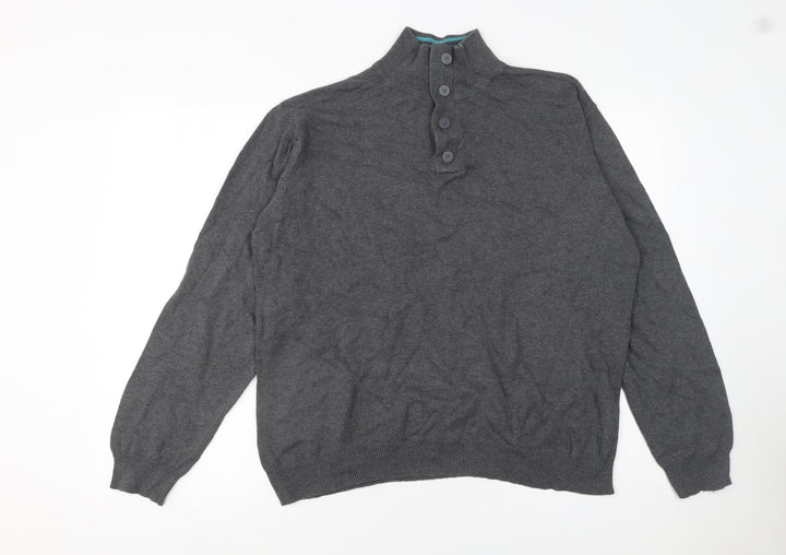 Charles Wilson Men’s Grey High Neck Button Henley Jumper XL Cotton Knit