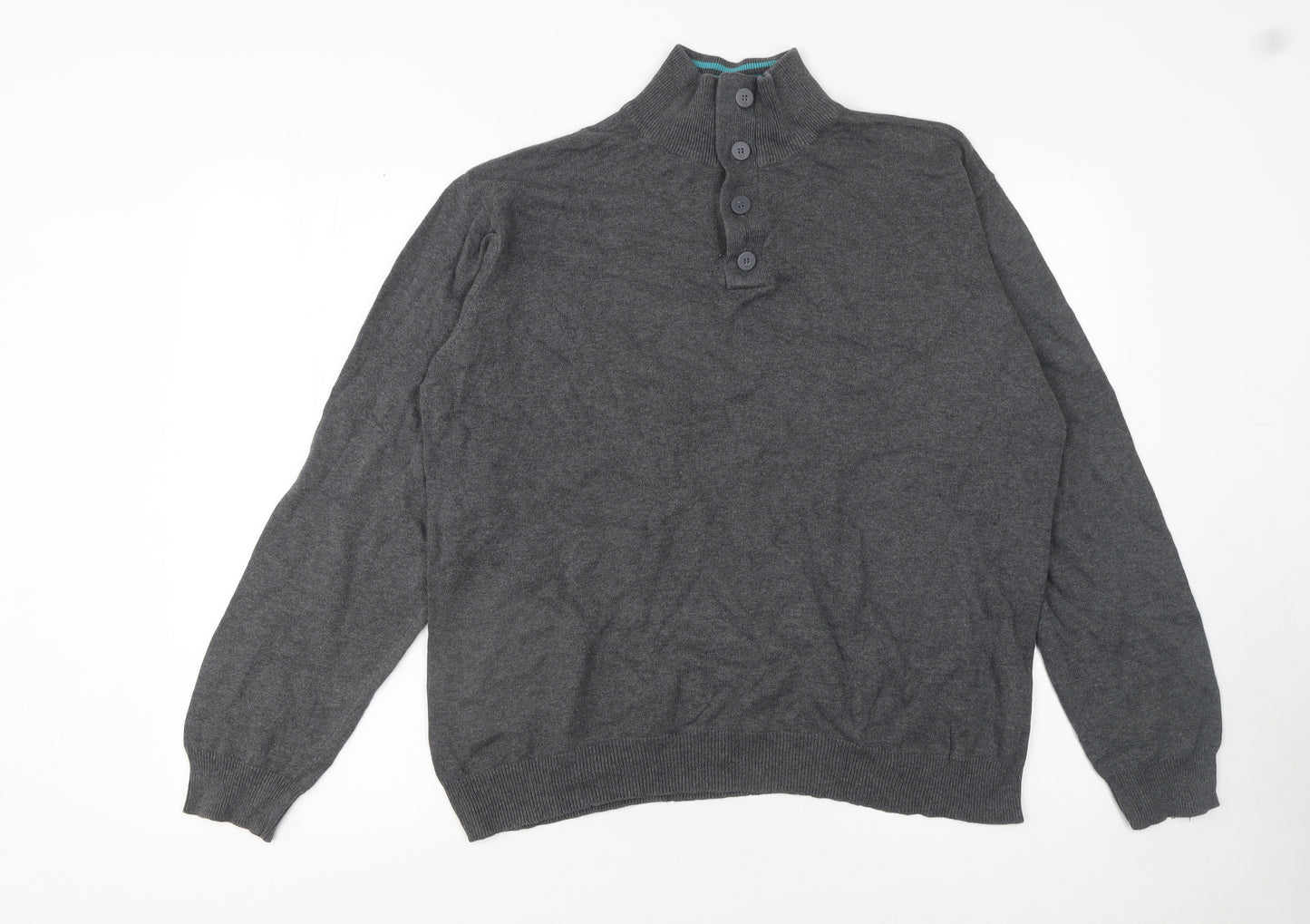 Charles Wilson Men’s Grey High Neck Button Henley Jumper XL Cotton Knit