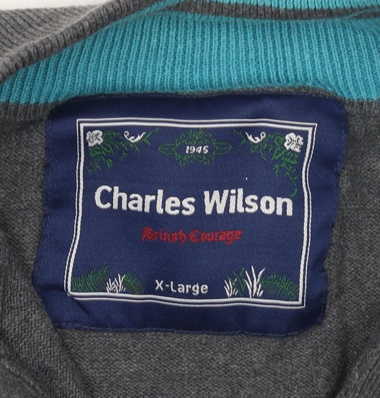 Charles Wilson Men’s Grey High Neck Button Henley Jumper XL Cotton Knit