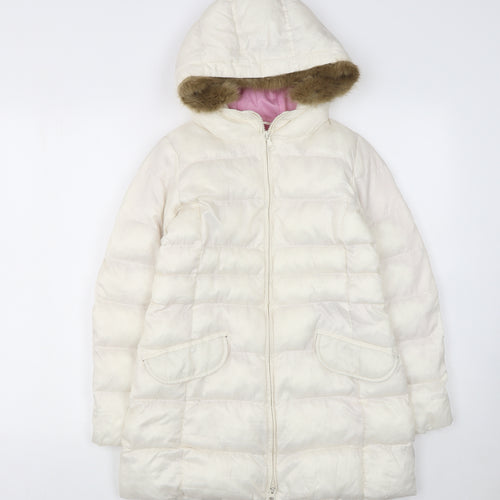 Uniqlo Girls Ivory Hooded Puffer Coat 10 Years Faux Fur Trim Winter Warm