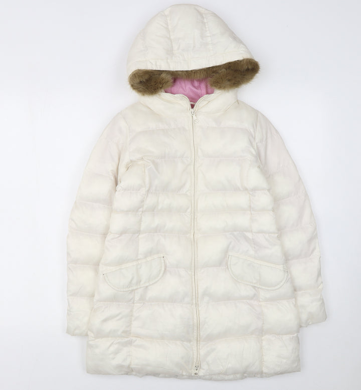 Uniqlo Girls Ivory Hooded Puffer Coat 10 Years Faux Fur Trim Winter Warm