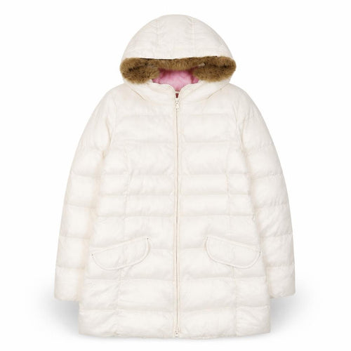Uniqlo Girls Ivory Hooded Puffer Coat 10 Years Faux Fur Trim Winter Warm