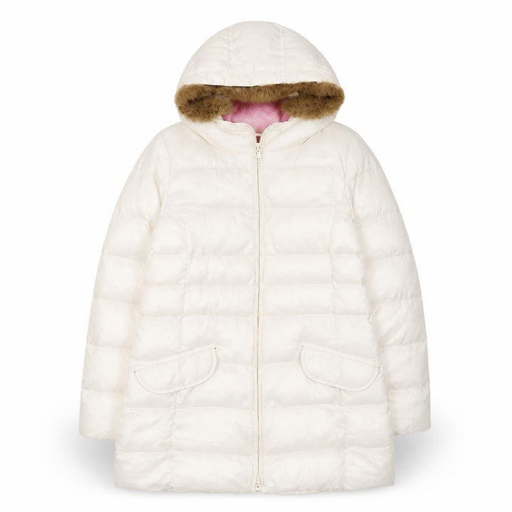 Uniqlo Girls Ivory Hooded Puffer Coat 10 Years Faux Fur Trim Winter Warm