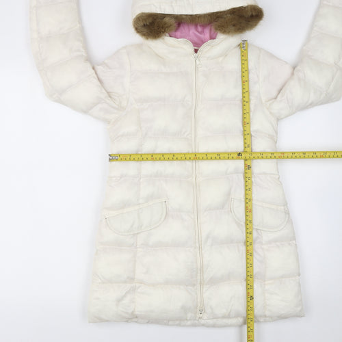 Uniqlo Girls Ivory Hooded Puffer Coat 10 Years Faux Fur Trim Winter Warm
