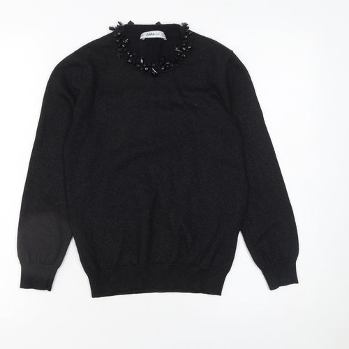 ZARA Women’s Black Beaded Crew Neck Knit Jumper Size S