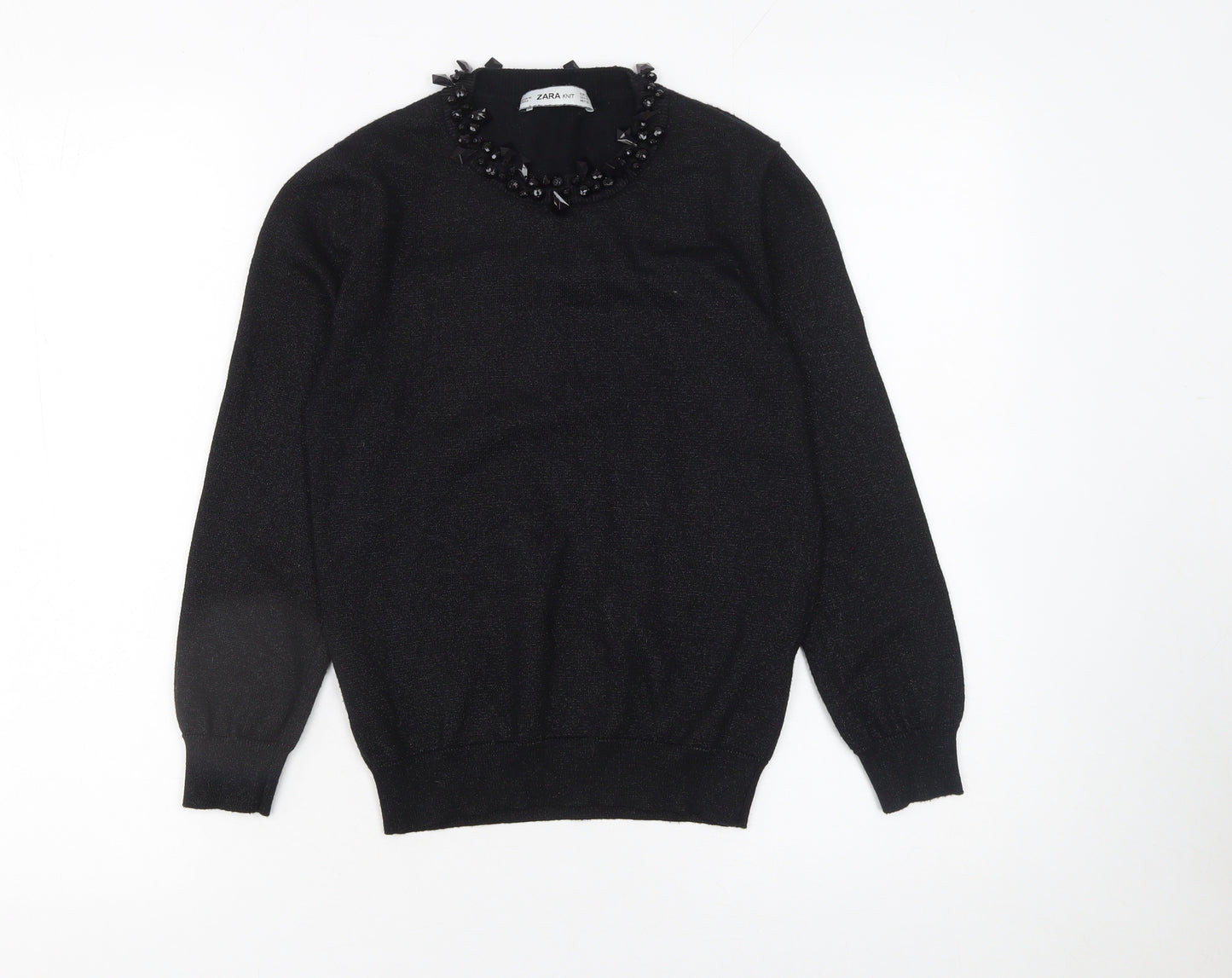 ZARA Women’s Black Beaded Crew Neck Knit Jumper Size S