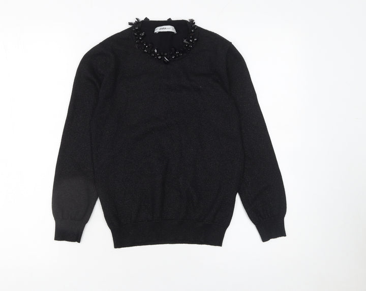 ZARA Women’s Black Beaded Crew Neck Knit Jumper Size S
