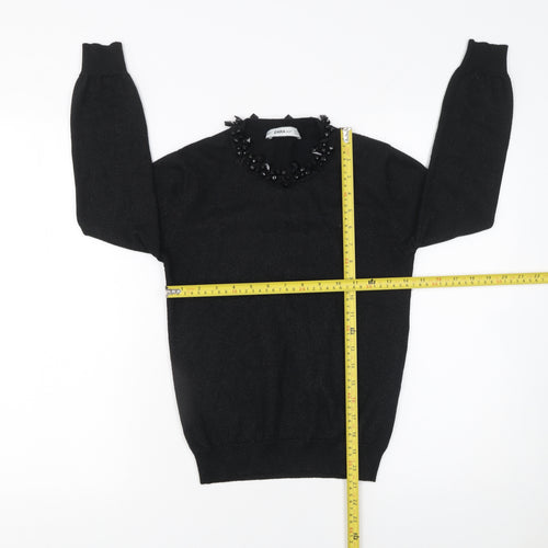 ZARA Women’s Black Beaded Crew Neck Knit Jumper Size S