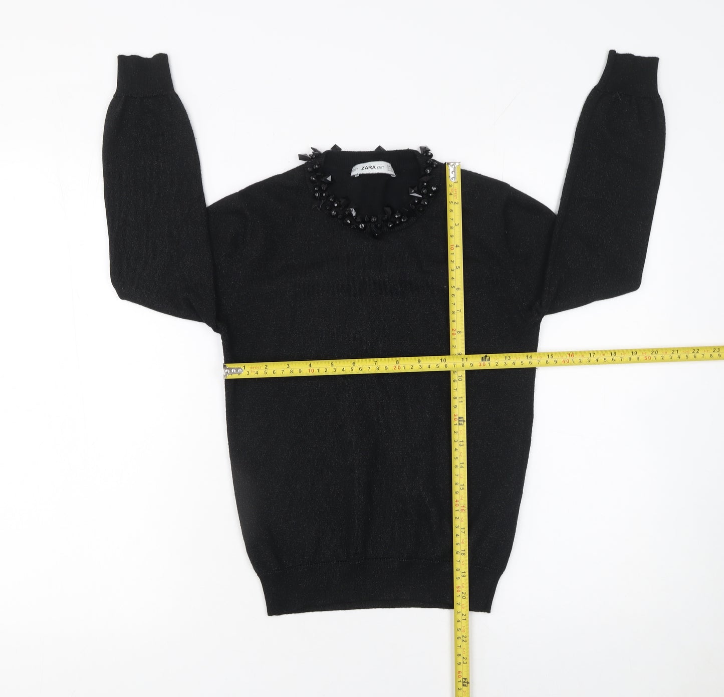ZARA Women’s Black Beaded Crew Neck Knit Jumper Size S