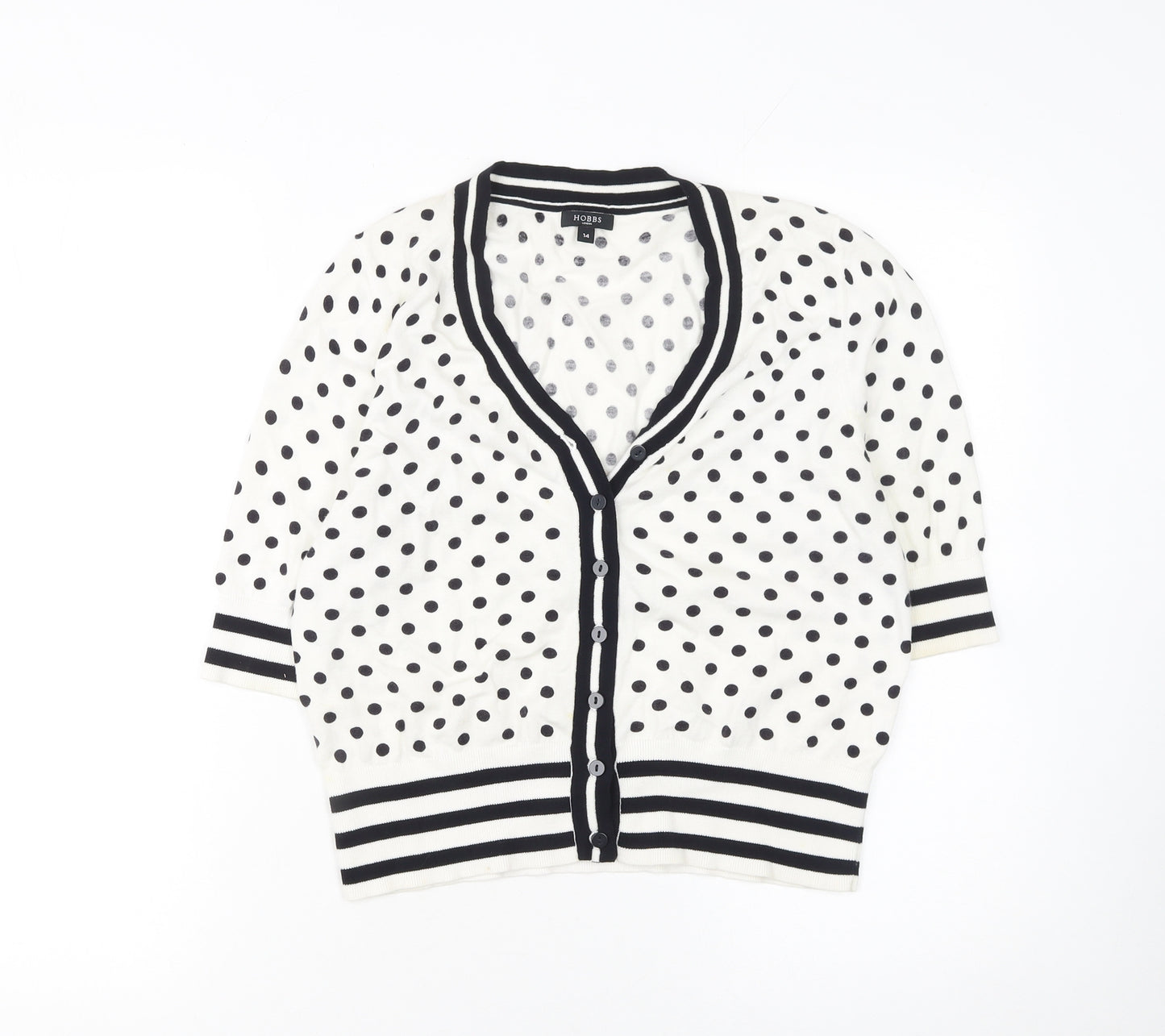Hobbs Women’s White Polka Dot Cardigan Size 14 Cotton Knit
