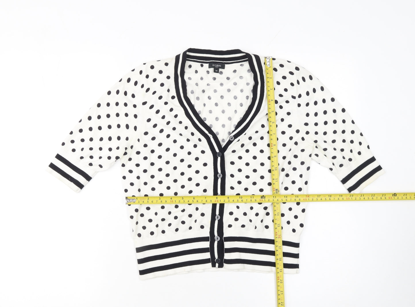 Hobbs Women’s White Polka Dot Cardigan Size 14 Cotton Knit