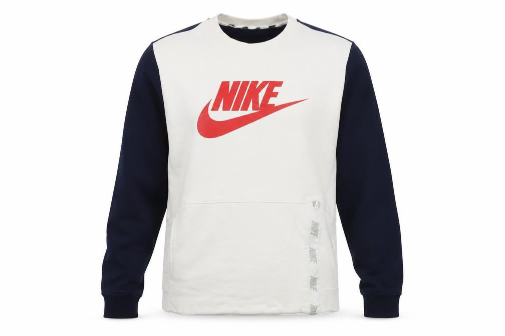 Front view of Nike Men's White Pullover Sweatshirt M Logo Sports Crew Neck