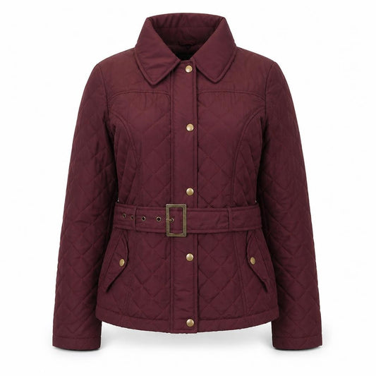 Front view of Crosshatch women’s red quilted belted jacket, size UK 12
