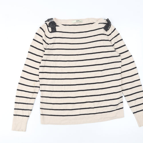 Oasis Women’s Beige Striped Boat Neck Bow Jumper Size S