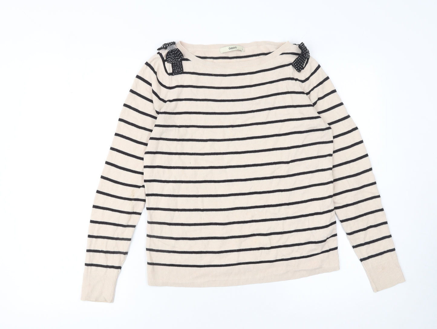 Oasis Women’s Beige Striped Boat Neck Bow Jumper Size S