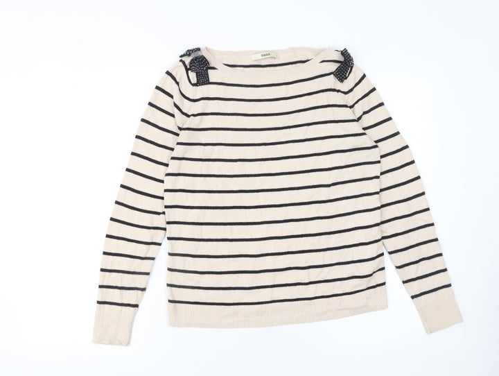 Oasis Women’s Beige Striped Boat Neck Bow Jumper Size S