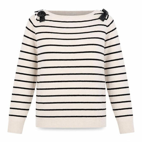 Oasis Women’s Beige Striped Boat Neck Bow Jumper Size S