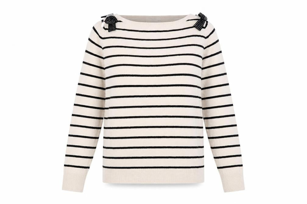 Oasis Women’s Beige Striped Boat Neck Bow Jumper Size S