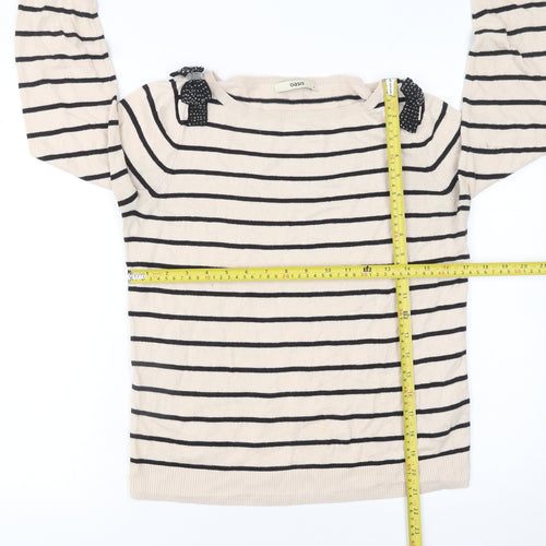 Oasis Women’s Beige Striped Boat Neck Bow Jumper Size S