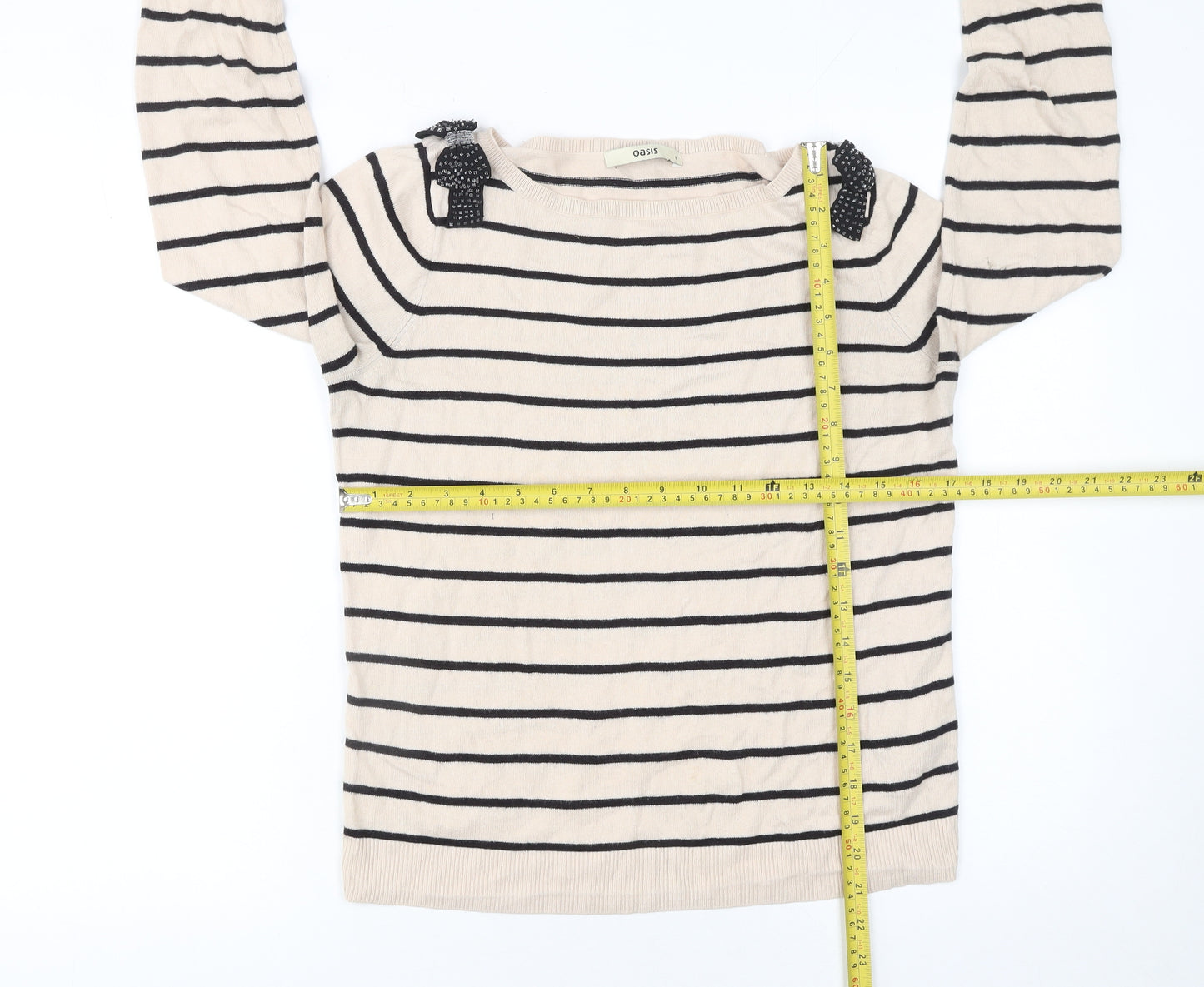Oasis Women’s Beige Striped Boat Neck Bow Jumper Size S