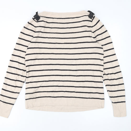 Oasis Women’s Beige Striped Boat Neck Bow Jumper Size S