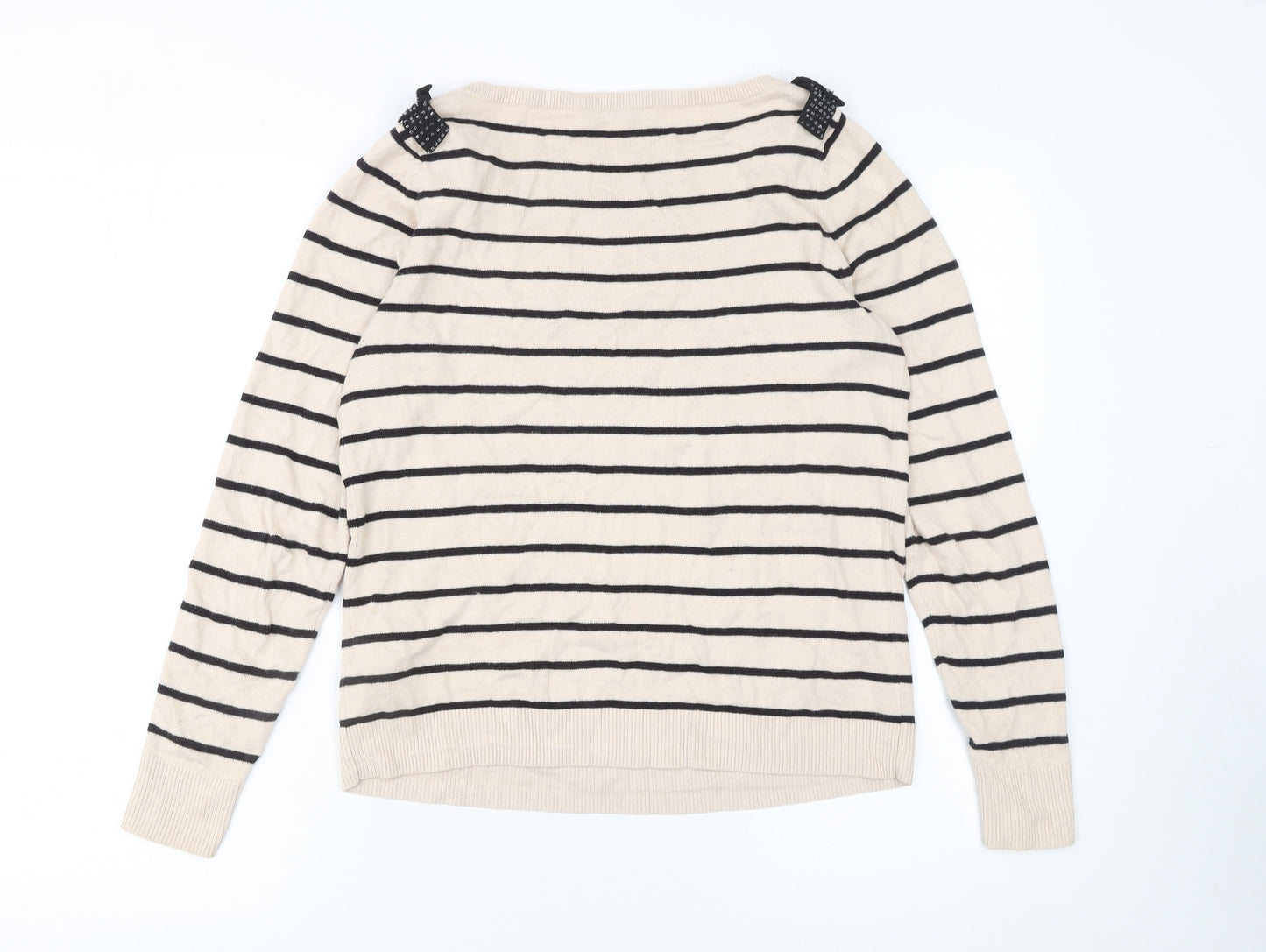 Oasis Women’s Beige Striped Boat Neck Bow Jumper Size S