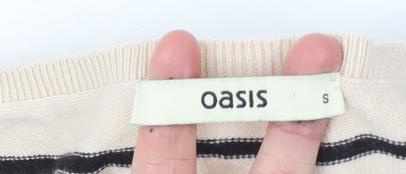 Oasis Women’s Beige Striped Boat Neck Bow Jumper Size S