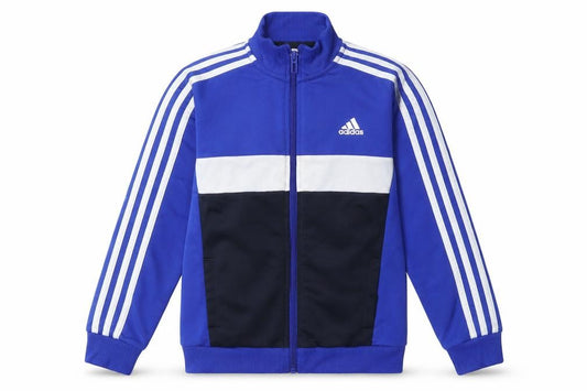 Front view of Adidas boys’ blue track jacket 10 years full zip colourblock activewear