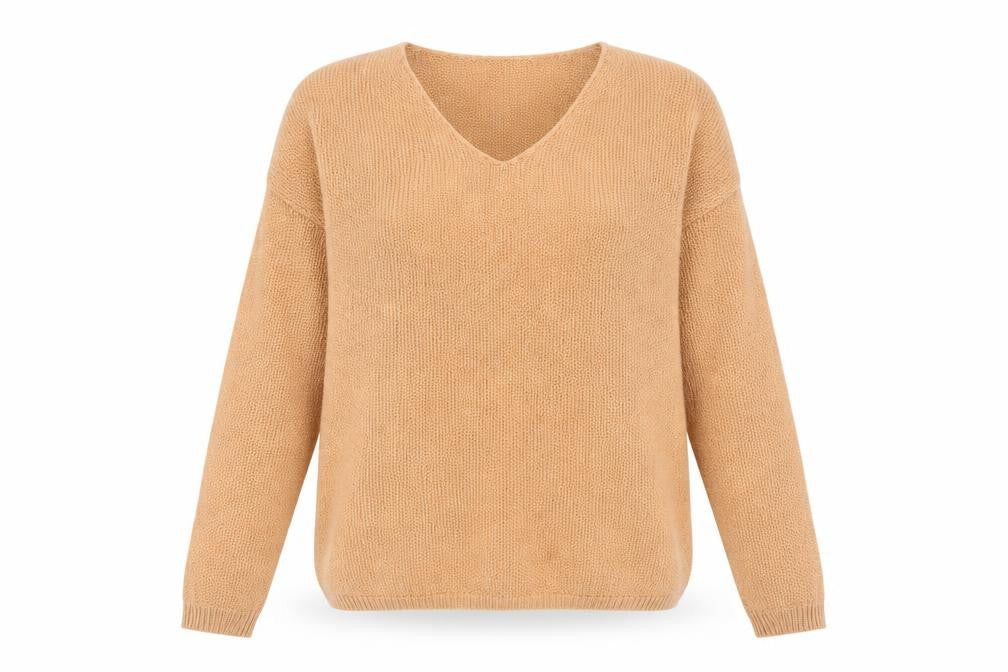 Front view of Grace & Mila Women’s Beige V-Neck Knit jumper, size L
