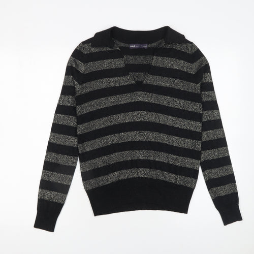 Marks and Spencer Women’s Black Striped Collared Pullover Jumper Size S
