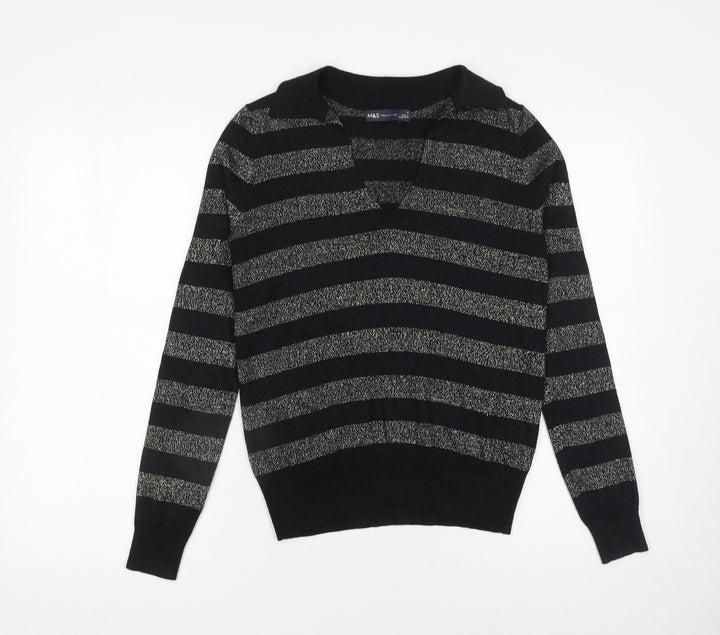 Marks and Spencer Women’s Black Striped Collared Pullover Jumper Size S