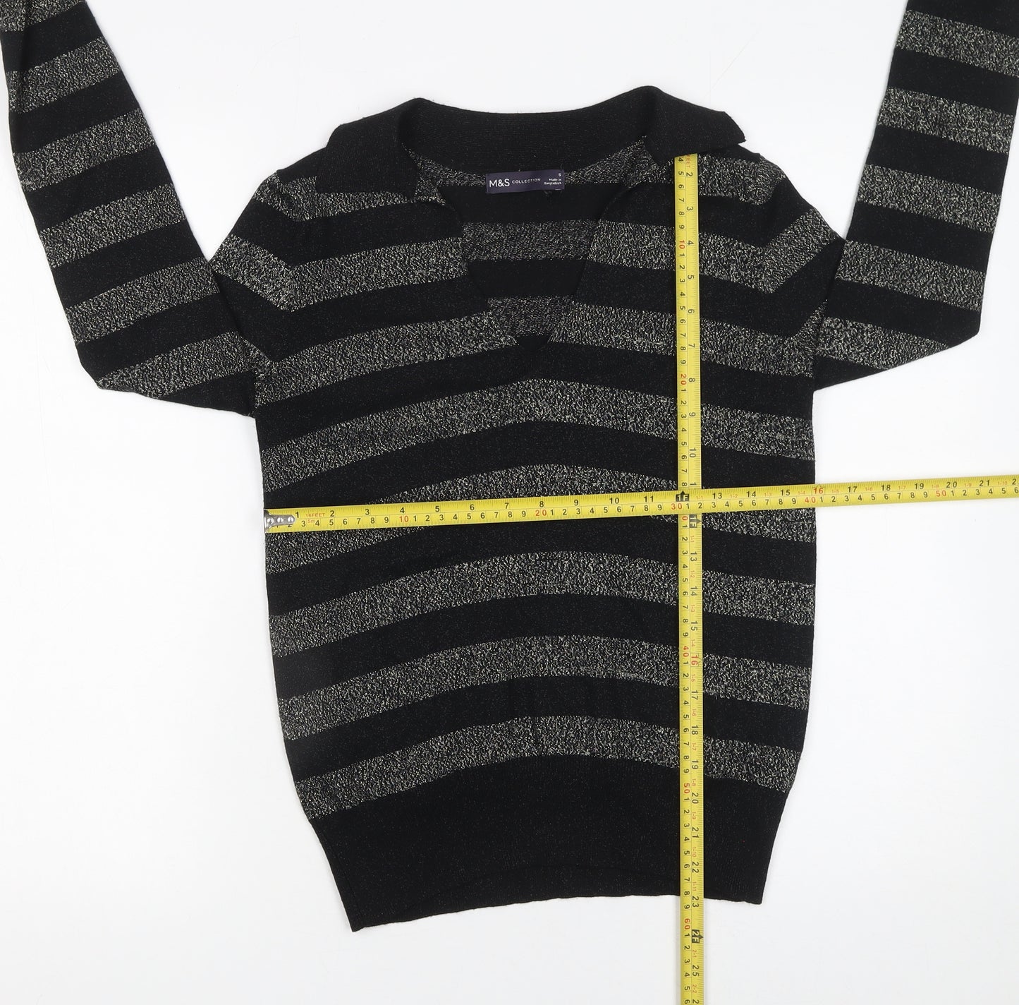 Marks and Spencer Women’s Black Striped Collared Pullover Jumper Size S