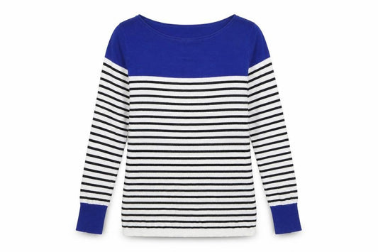 Front view of Nicole Farhi Women Blue & White Striped Boat Neck Jumper, size M