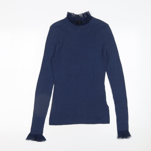 Ted Baker Women's Blue High Neck Ruffle Trim Slim Fit Jumper Size S