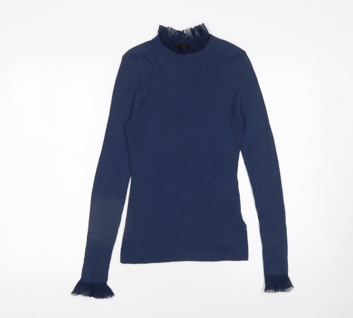 Ted Baker Women's Blue High Neck Ruffle Trim Slim Fit Jumper Size S