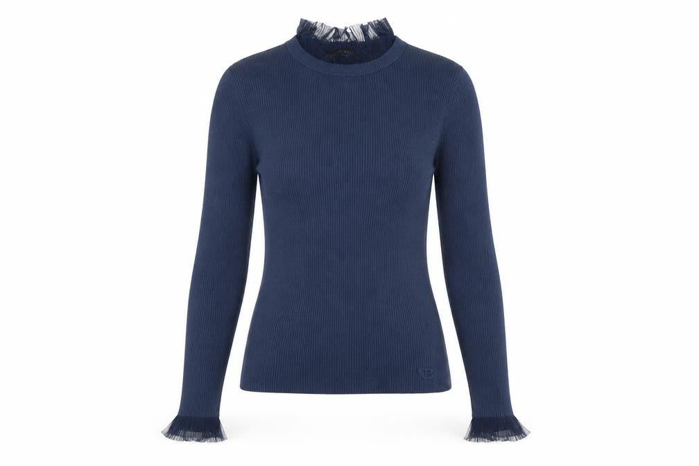 Front view of Ted Baker Women's Blue High Neck Ruffle Trim Slim Fit Jumper, size S