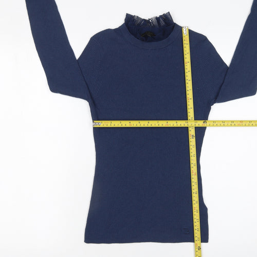Ted Baker Women's Blue High Neck Ruffle Trim Slim Fit Jumper Size S
