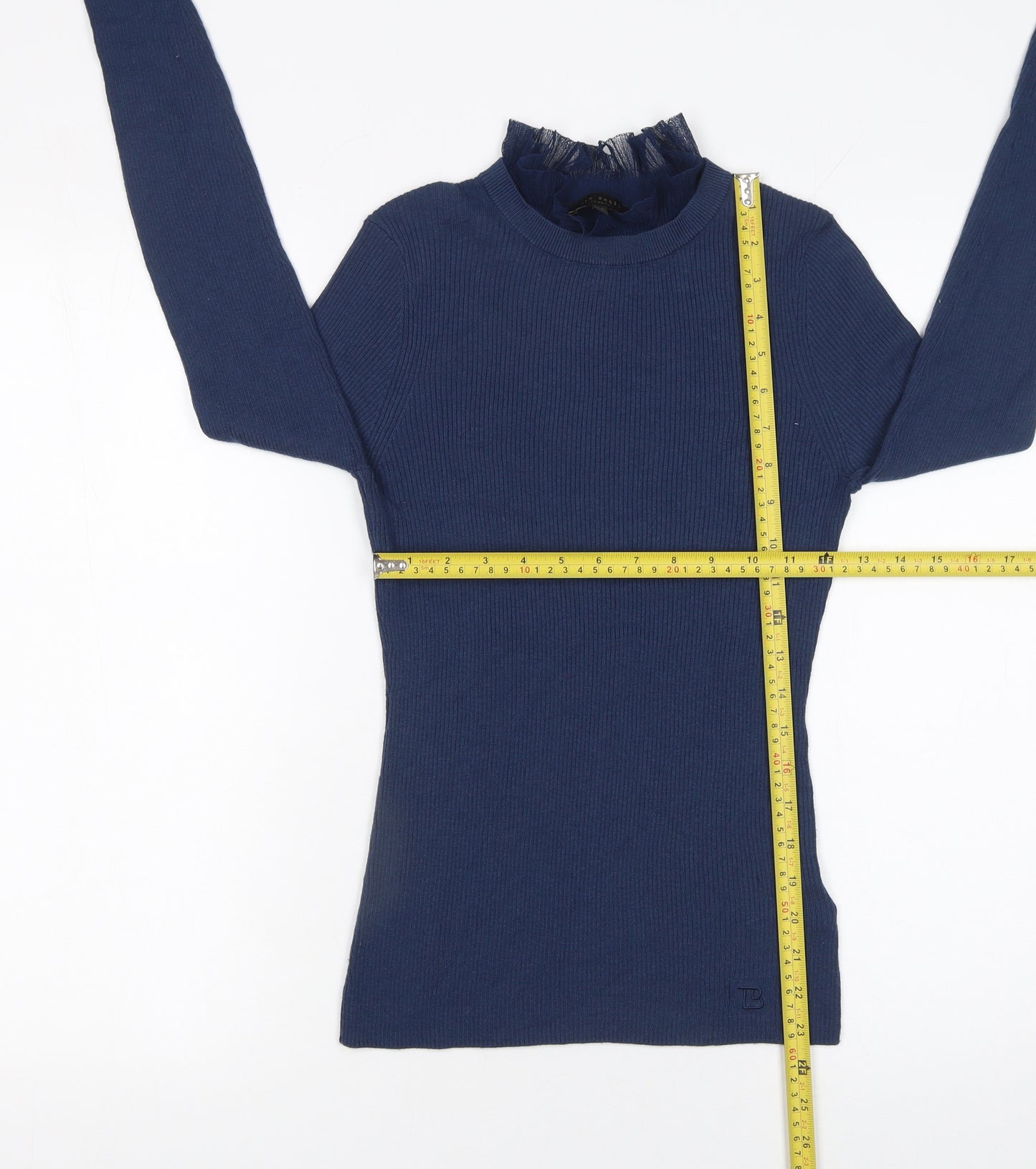 Ted Baker Women's Blue High Neck Ruffle Trim Slim Fit Jumper Size S