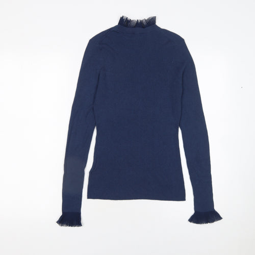 Ted Baker Women's Blue High Neck Ruffle Trim Slim Fit Jumper Size S