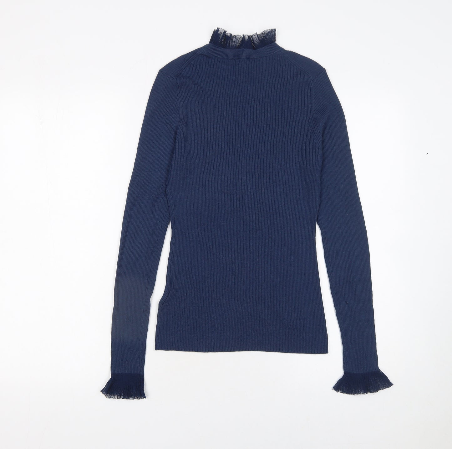 Ted Baker Women's Blue High Neck Ruffle Trim Slim Fit Jumper Size S