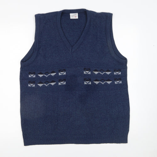 Menswear Blue Geometric Knit Acrylic Sleeveless Vest M