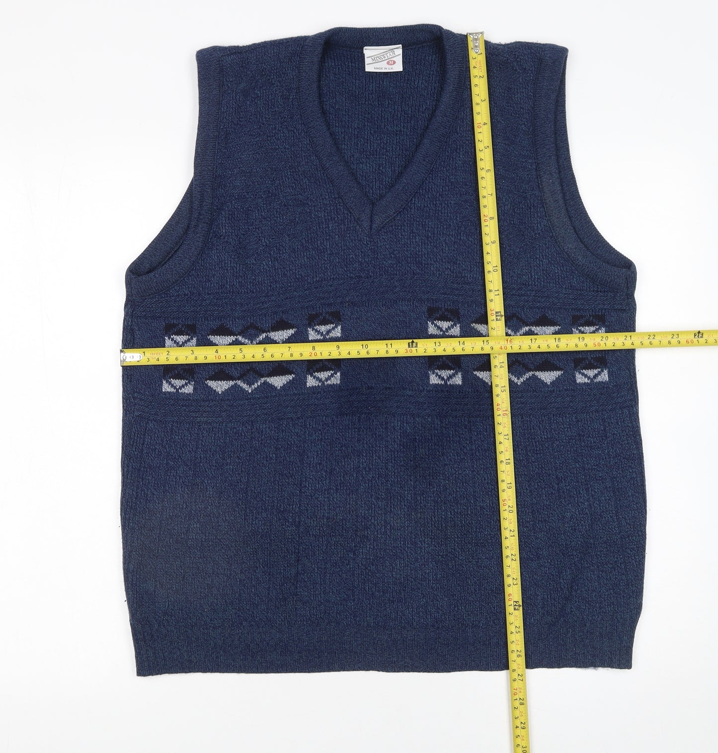 Menswear Blue Geometric Knit Acrylic Sleeveless Vest M
