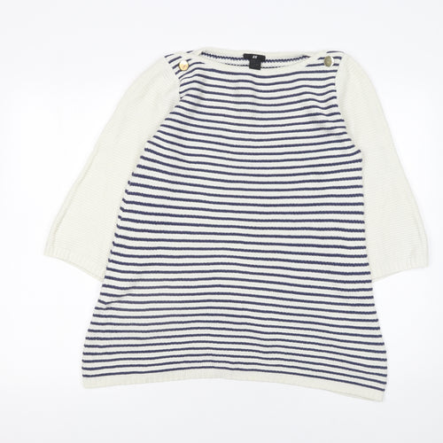 H&M Women’s White Navy Striped Cotton Knit 3/4 Sleeve Jumper Size 8