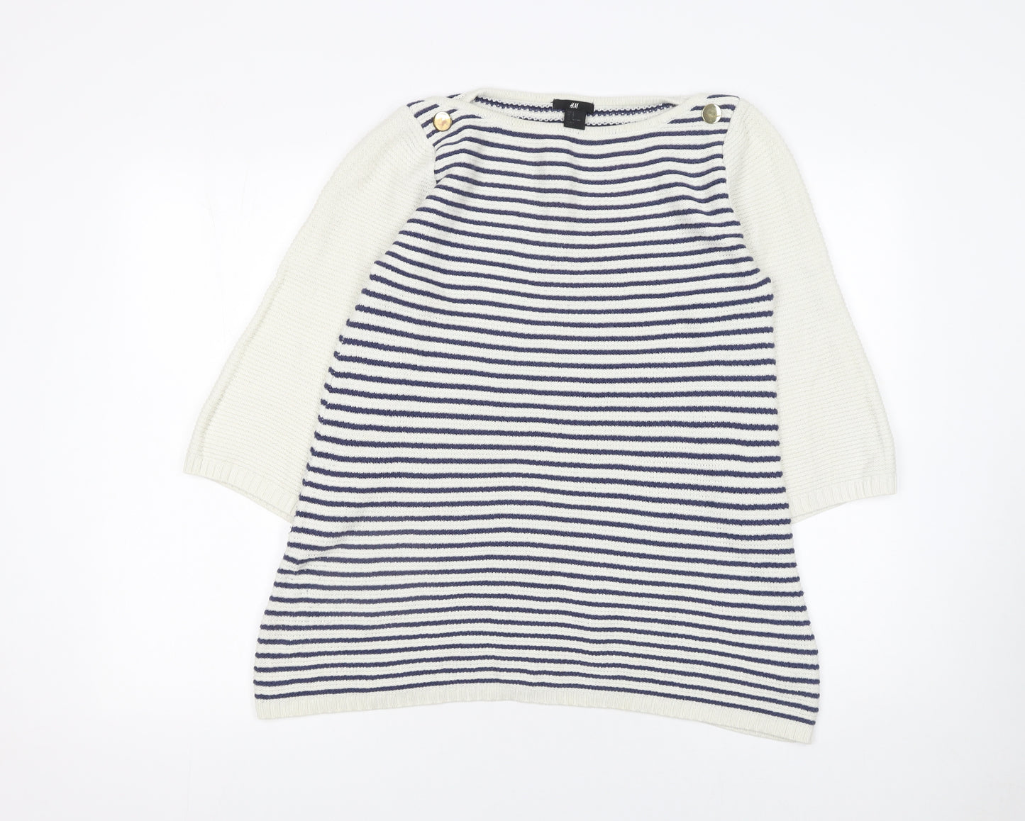 H&M Women’s White Navy Striped Cotton Knit 3/4 Sleeve Jumper Size 8