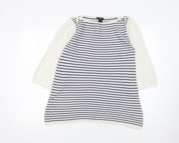H&M Women’s White Navy Striped Cotton Knit 3/4 Sleeve Jumper Size 8