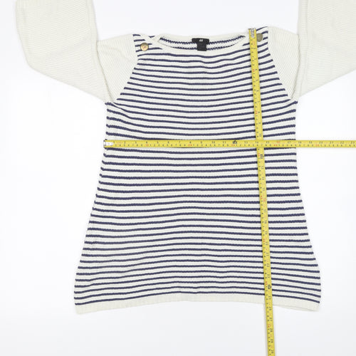 H&M Women’s White Navy Striped Cotton Knit 3/4 Sleeve Jumper Size 8