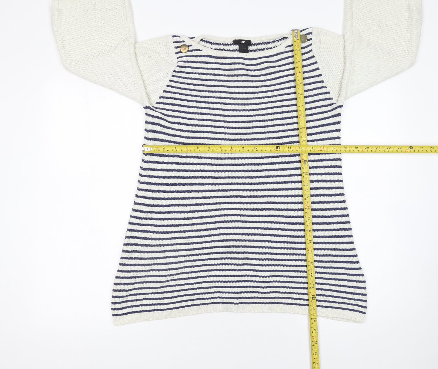 H&M Women’s White Navy Striped Cotton Knit 3/4 Sleeve Jumper Size 8