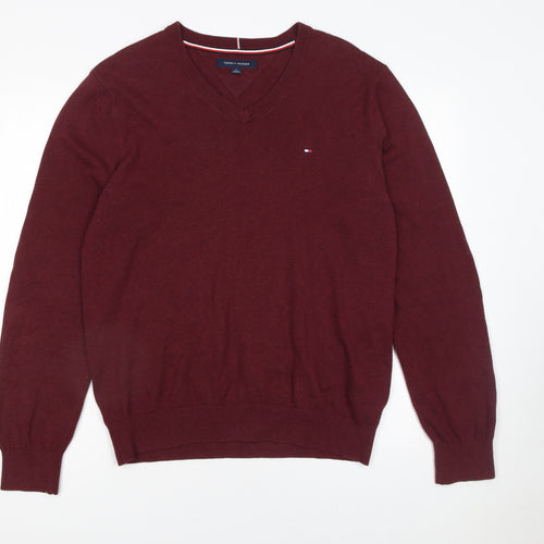 Tommy Hilfiger Men’s Red V-Neck Cotton Jumper M Classic Knit